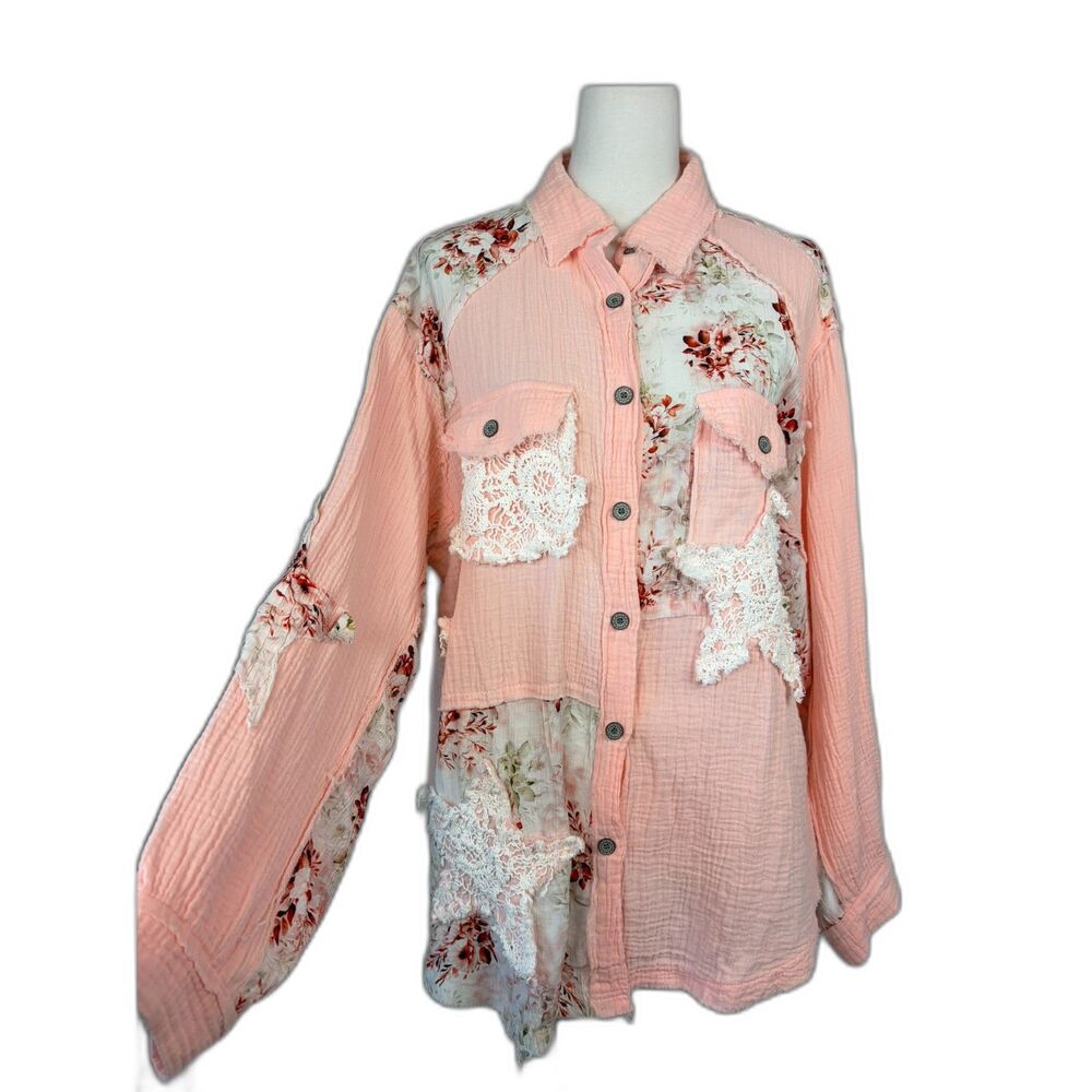 POL Boho Pink Floral Patchwork Distressed Button-Down Shirt L Stars Shabby Gauze